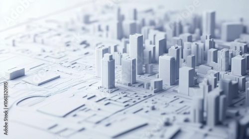 A detailed architectural model of a cityscape showcasing intricate building designs and layouts in a monochromatic tone.