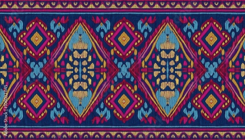 Vibrant Ikat Textile Design: A captivating seamless pattern in rich jewel tones, showcasing a traditional ikat design with intricate diamond motifs and bold colors. Perfect for fashion, home decor.