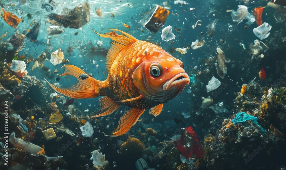 Naklejka premium A goldfish swims amidst plastic pollution.