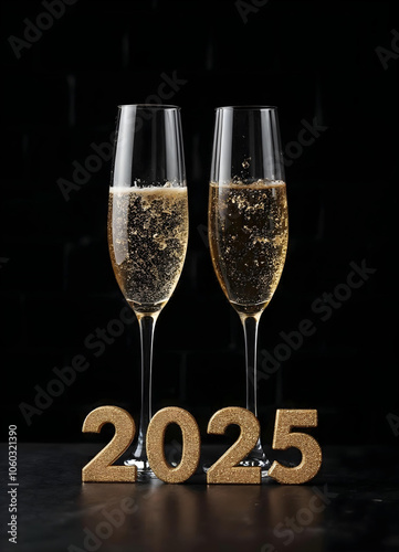 2025 3D Text with champagne glasses - happy new year wallpaper