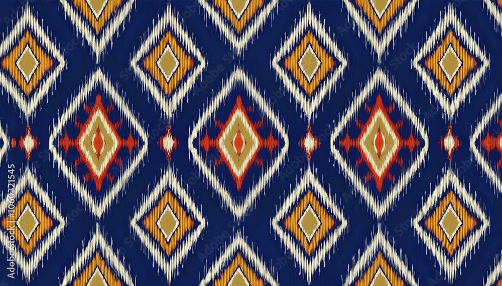 Ikat Indigo Rhapsody: A mesmerizing seamless pattern of vibrant ikat diamonds in indigo, gold, and red. Perfect for textile design, fashion, and home decor. Ikat Indigo Rhapsody: A mesmerizing seamless pattern of vibrant ikat diamonds in indigo, gold, and red. Perfect for textile design, fashion, and home decor.