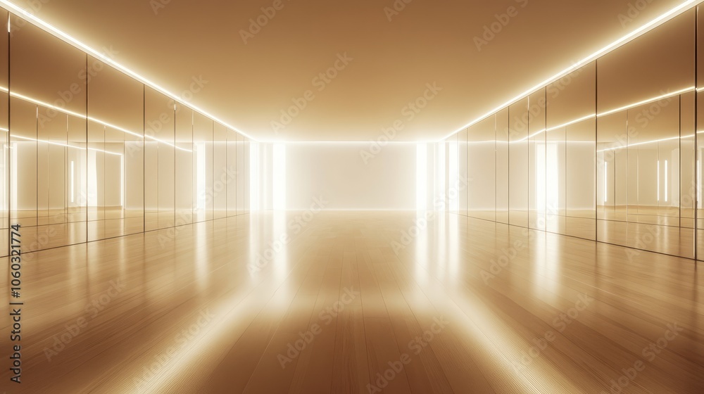 A sleek, modern dance studio with full-length mirrors lining the walls, a polished wooden floor reflecting the light, perfect for dance tutorials or branded content A sleek, modern dance studio with full-length mirrors lining the walls, a polished wooden floor reflecting the light, perfect for dance tutorials or branded content
