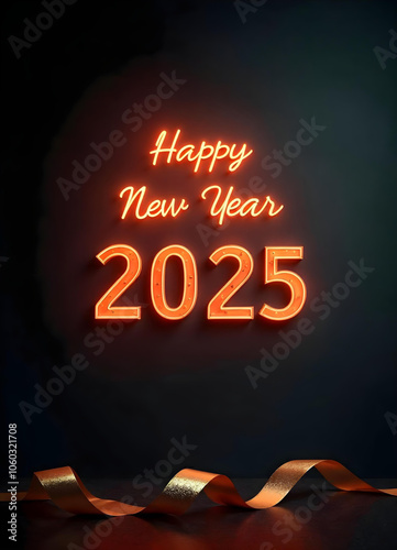 Happy New Year 2025 Neon scene with minimal background
