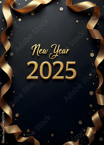 New Year 2025 - Luxury black background with gold ribbons