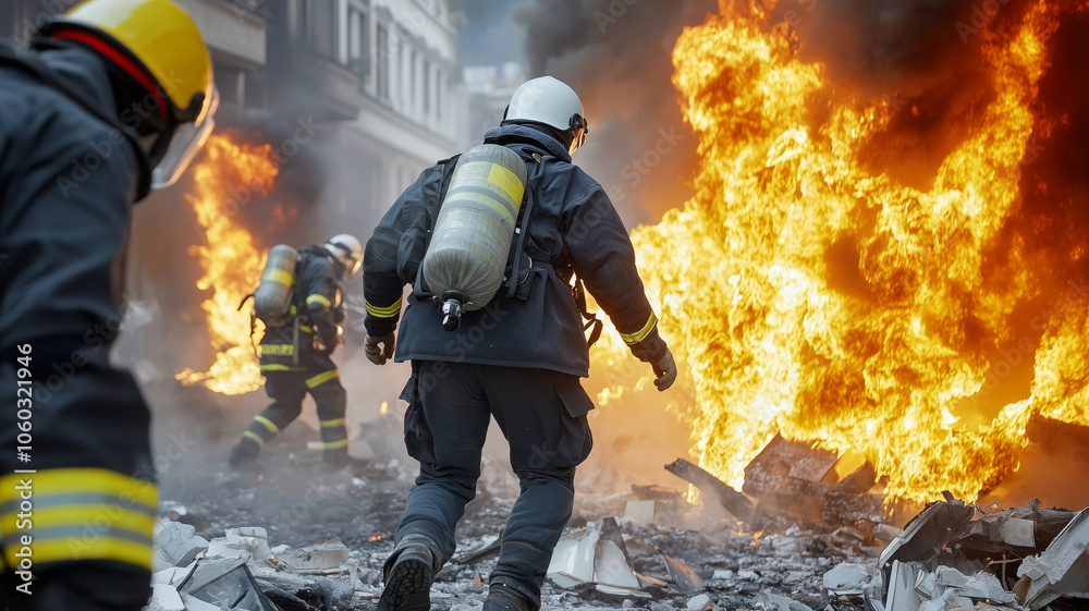 Fototapeta premium Brave firefighters rush to save a life amid fierce flames in the city