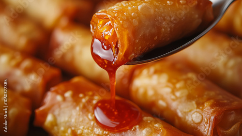 Overhead view of sweet chili sauce gracefully dripping onto crispy rolls