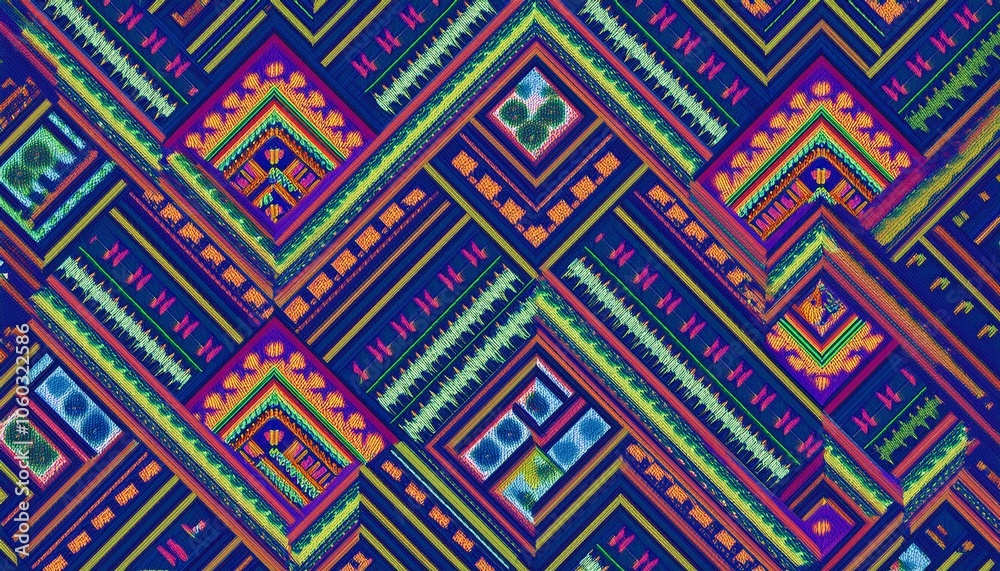 Vibrant Geometric Textile Design: A captivating close-up showcases a richly hued textile pattern, featuring bold geometric shapes, intricate details, and a dynamic interplay of colors. Vibrant Geometric Textile Design: A captivating close-up showcases a richly hued textile pattern, featuring bold geometric shapes, intricate details, and a dynamic interplay of colors.