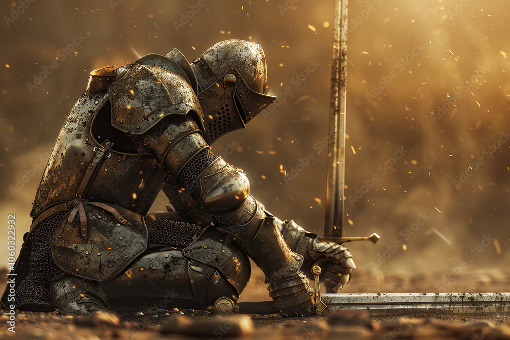 A fantastic royal knight in armor guards the castle chambers A fantastic royal knight in armor guards the castle chambers