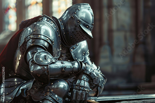 A fantastic royal knight in armor guards the castle chambers