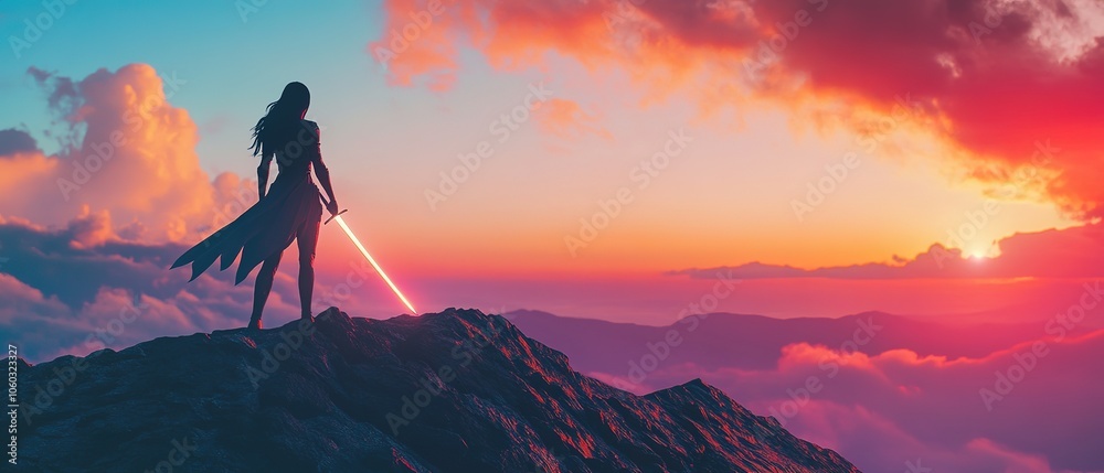 A lone figure with a glowing sword stands on a mountain peak at sunset, silhouetted against the vibrant sky in a breathtaking landscape A lone figure with a glowing sword stands on a mountain peak at sunset, silhouetted against the vibrant sky in a breathtaking landscape