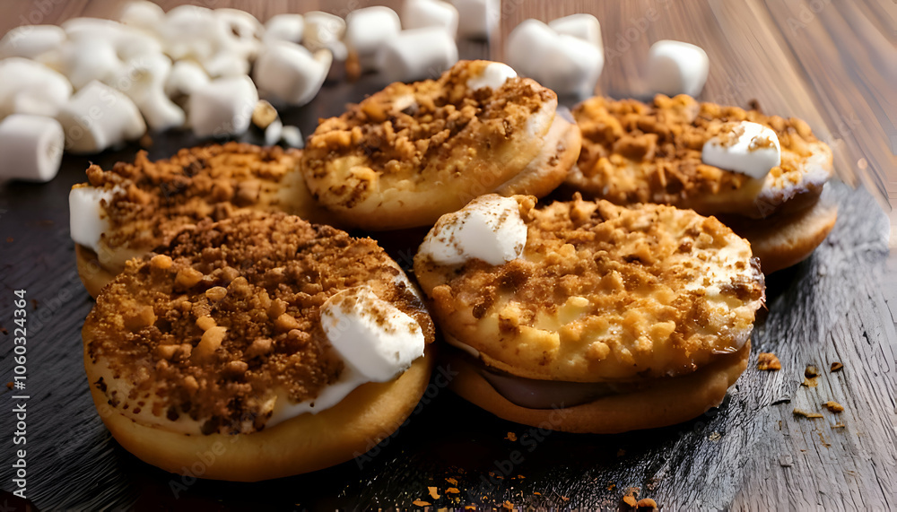 S'mores Donuts- Explore the flavors of s'mores with graham cracker crumbs and toasted marshm