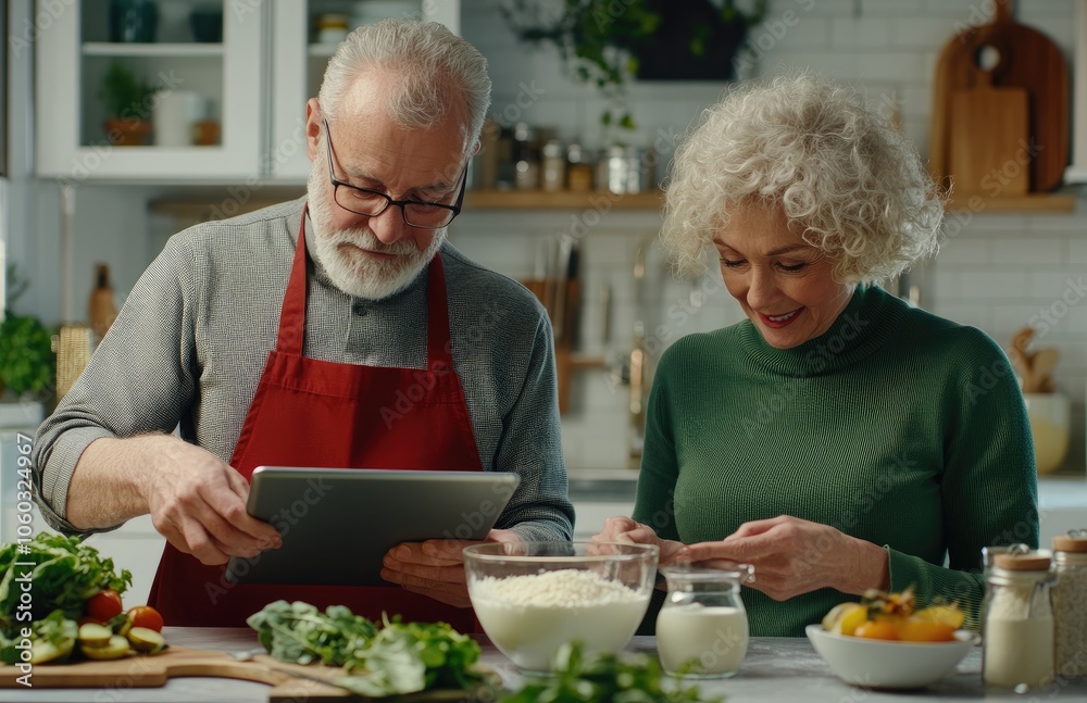 A senior couple is cooking in the kitchen, while watching how to make rice on an iPad Pro with high resolution and vibrant colors A senior couple is cooking in the kitchen, while watching how to make rice on an iPad Pro with high resolution and vibrant colors