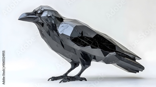 3D Rendered Black Obsidian Crystal Raven Sculpture - Polygon Art Design photo