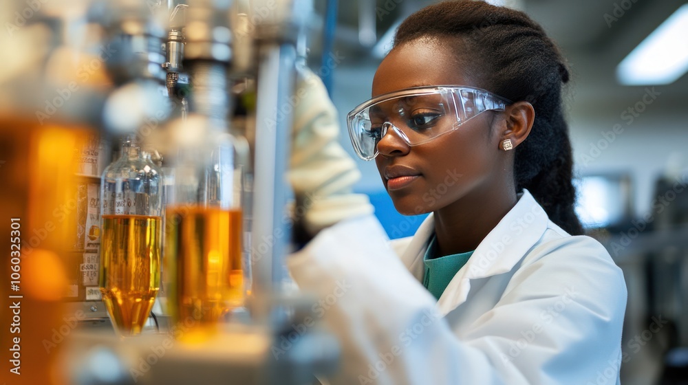 Technician testing biofuel samples in a cutting-edge lab, ensuring clean and efficient energy production