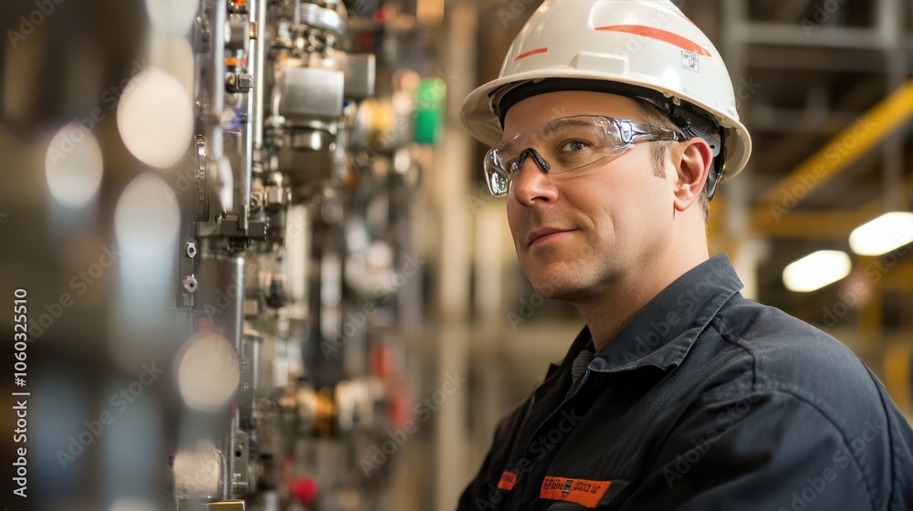 Technician managing advanced control systems in a fuel processing facility, optimizing operations Technician managing advanced control systems in a fuel processing facility, optimizing operations