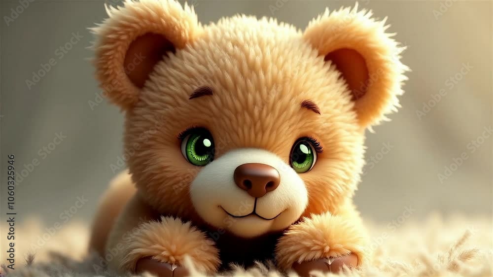 A cute and cuddly teddy bear with big green eyes and a warm smile lies on a soft, fluffy surface. A cute and cuddly teddy bear with big green eyes and a warm smile lies on a soft, fluffy surface.