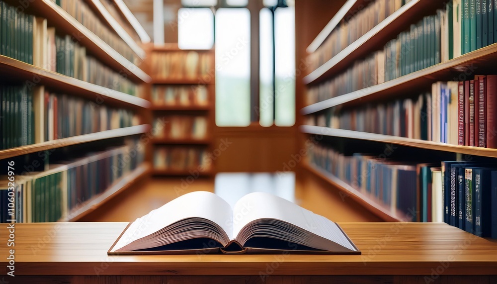 Serene and inviting library setting with an open book on a wooden table, perfect for educational or literary themes Serene and inviting library setting with an open book on a wooden table, perfect for educational or literary themes