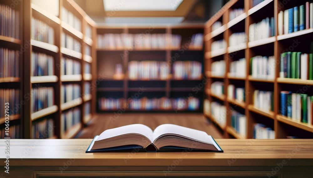 Fototapeta premium Open book on a wooden table in a library setting, creating a serene and inviting atmosphere, ideal for educational or literary themes.