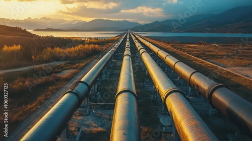 Refinery pipelines stretching across the landscape, intricate network processing fuel efficiently photo