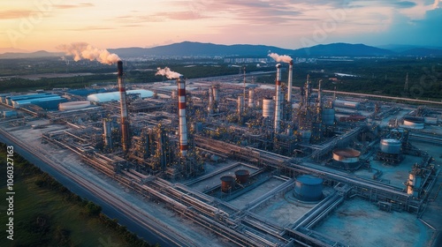 Refinery pipelines stretching across the landscape, intricate network processing fuel efficiently photo