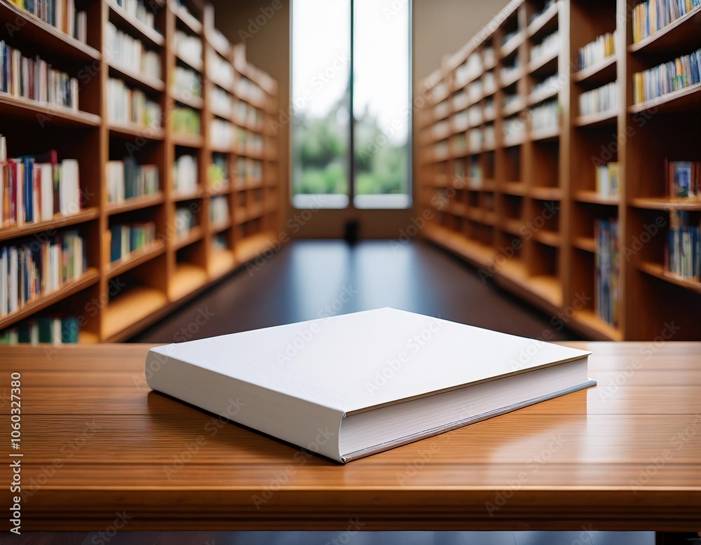 Fototapeta premium Serene and inviting library setting with an open book on a wooden table, ideal for showcasing educational or literary concepts