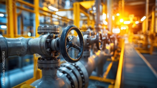 Pipes and valves running through an oil refinery, showing intricate industrial details in fuel processing