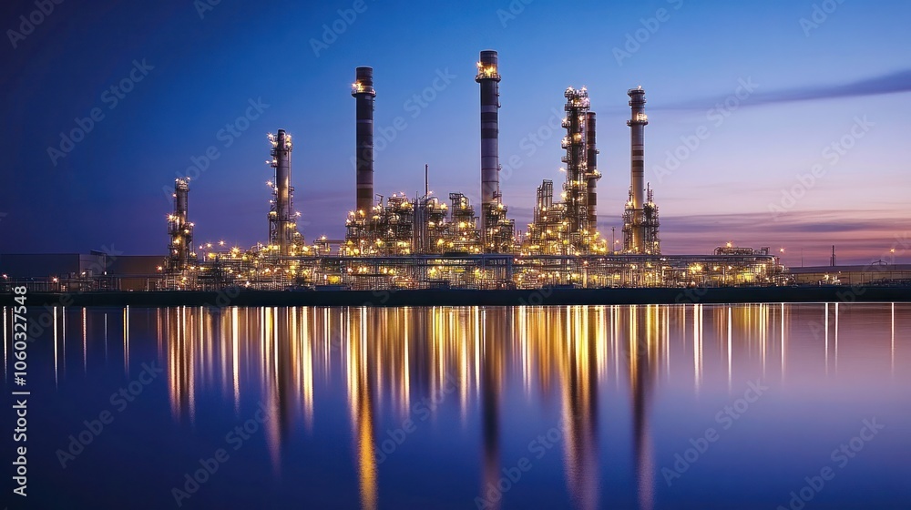 Oil refinery reflecting off nearby water, creating a peaceful industrial scene at dusk Oil refinery reflecting off nearby water, creating a peaceful industrial scene at dusk