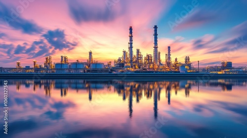 Oil refinery reflecting off nearby water, creating a peaceful industrial scene at dusk