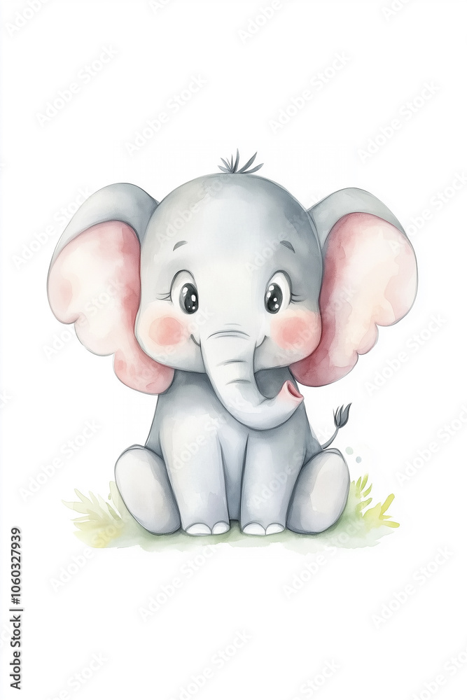 Obraz premium Watercolor baby elephant with big eyes sits on a grass 