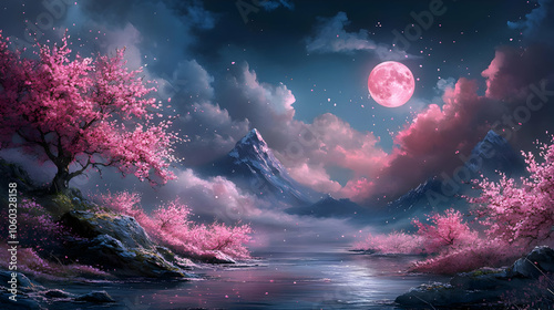 Pink Moon Night Mountain La...