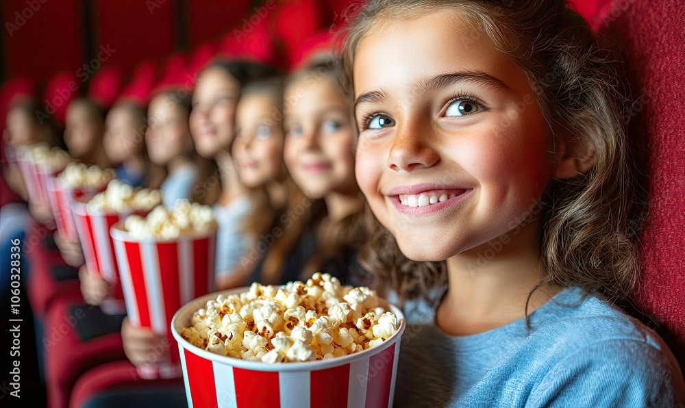 A young woman laughing while watching a movie in a cinema, surrounded by friends and holding popcorn. A young woman laughing while watching a movie in a cinema, surrounded by friends and holding popcorn.
