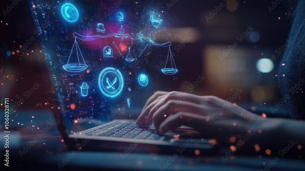 Person typing with floating hologram of legal icons and scales, symbolizing law in the digital era. Person typing with floating hologram of legal icons and scales, symbolizing law in the digital era.