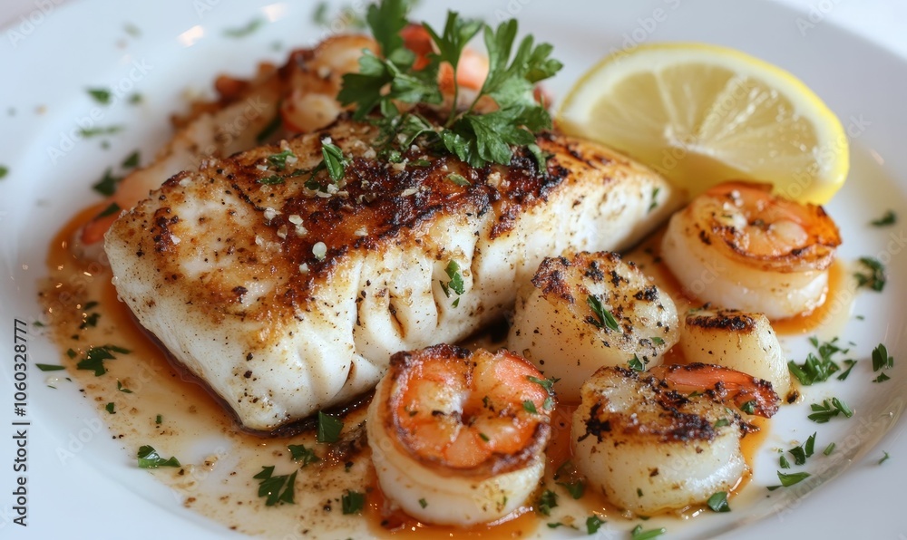 Grilled seafood platter with lemon and parsley. Grilled seafood platter with lemon and parsley.