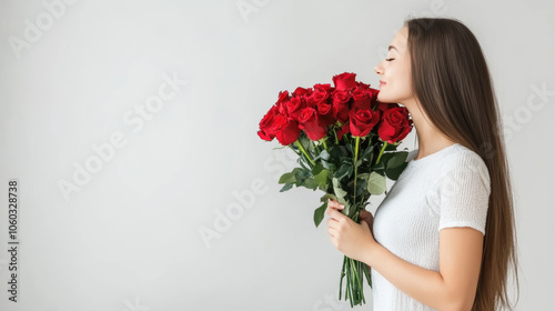 A woman is holding a bouquet of red roses and is taking a deep breath