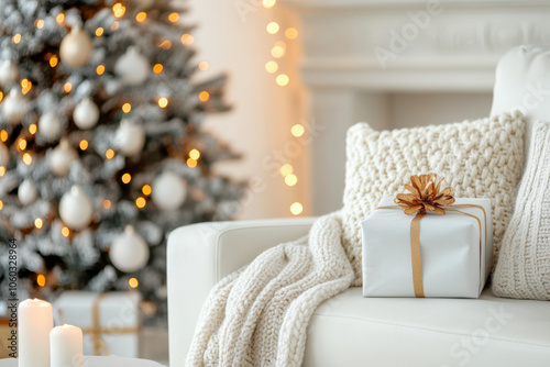 A white couch with a white blanket on it