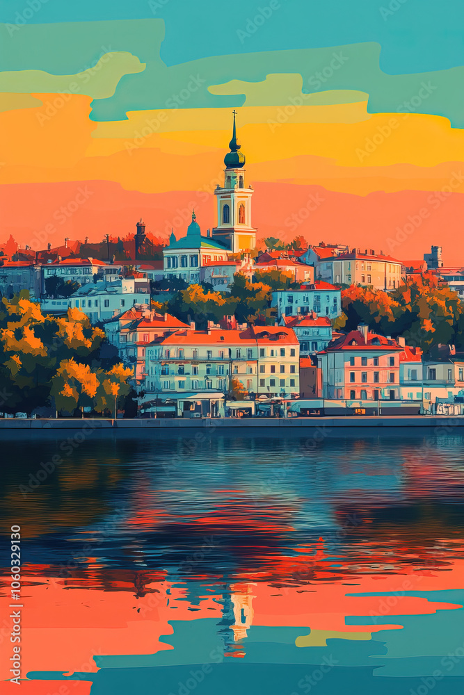 Fototapeta premium Belgrade, Serbia, Pop Art style theme print. Cityscape, city skyline.Vibrant, bright, modern, trendy, graphic designed for poster, card, wallpaper