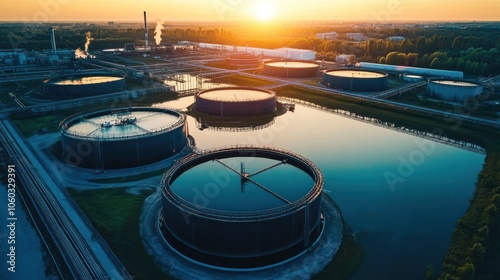 Large biofuel storage tanks in an eco-friendly facility, representing sustainable fuel processing