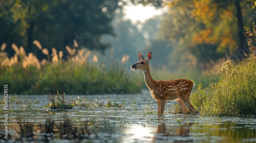 White-tailed deer fawn cooling down in a pond on a summer morning photo