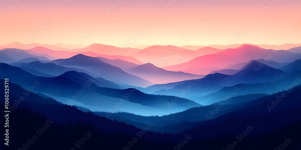 Obraz premium Serene twilight view of layered mountains with cool shades of blue and pink, creating a tranquil and dreamy atmosphere in the fading daylight.