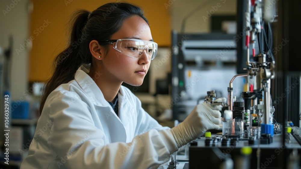 Lab technician analyzing biofuel components in a state-of-the-art energy research facility Lab technician analyzing biofuel components in a state-of-the-art energy research facility
