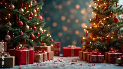 Christmas Decorations With Beautifully Wrapped Presents Under Glowing Trees in a Cozy Indoor Setting During the Holiday Season