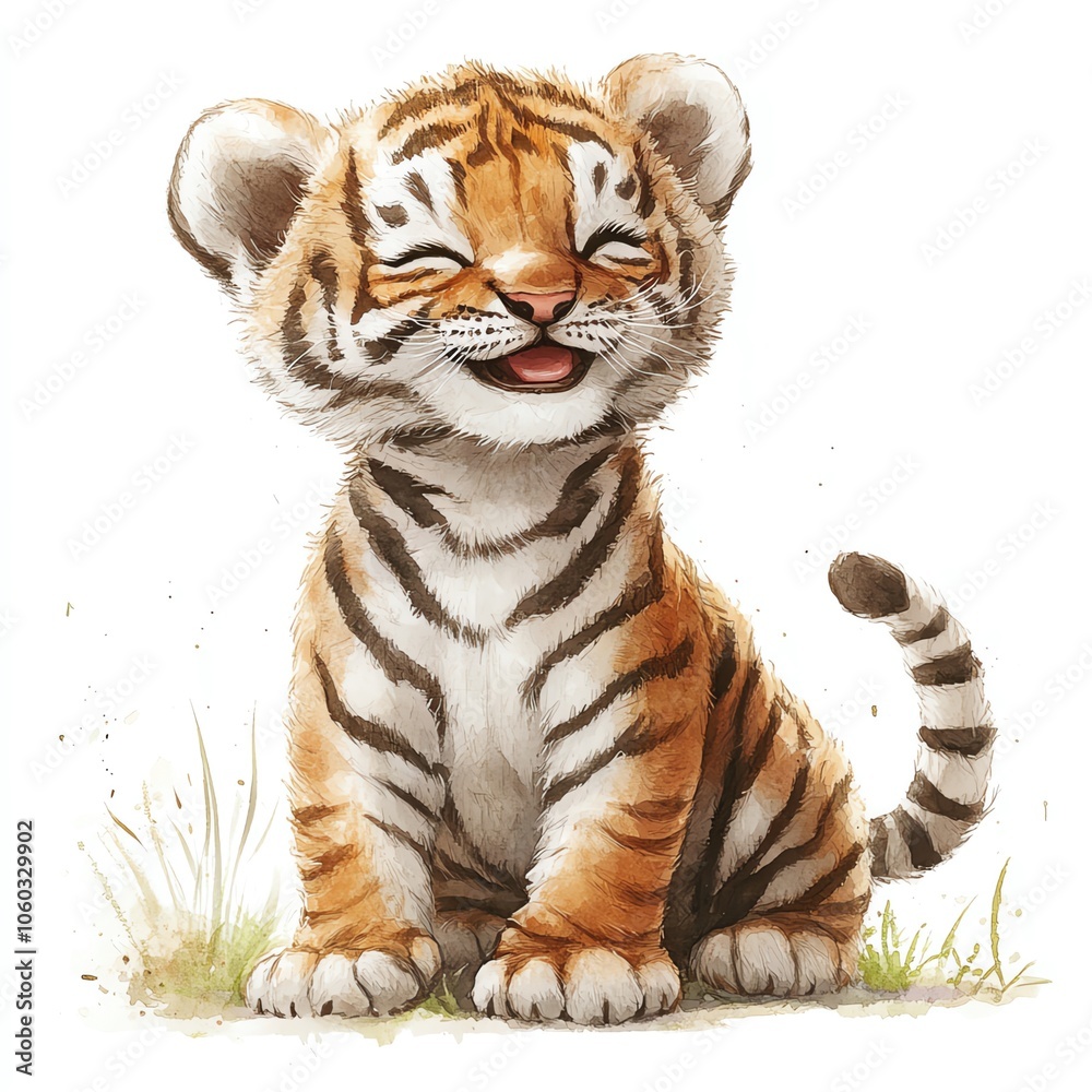 Obraz premium A smiling tiger cub clipart, cute tiger, watercolor illustration, isolated on white background. 