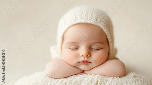 A baby is sleeping in a white hat