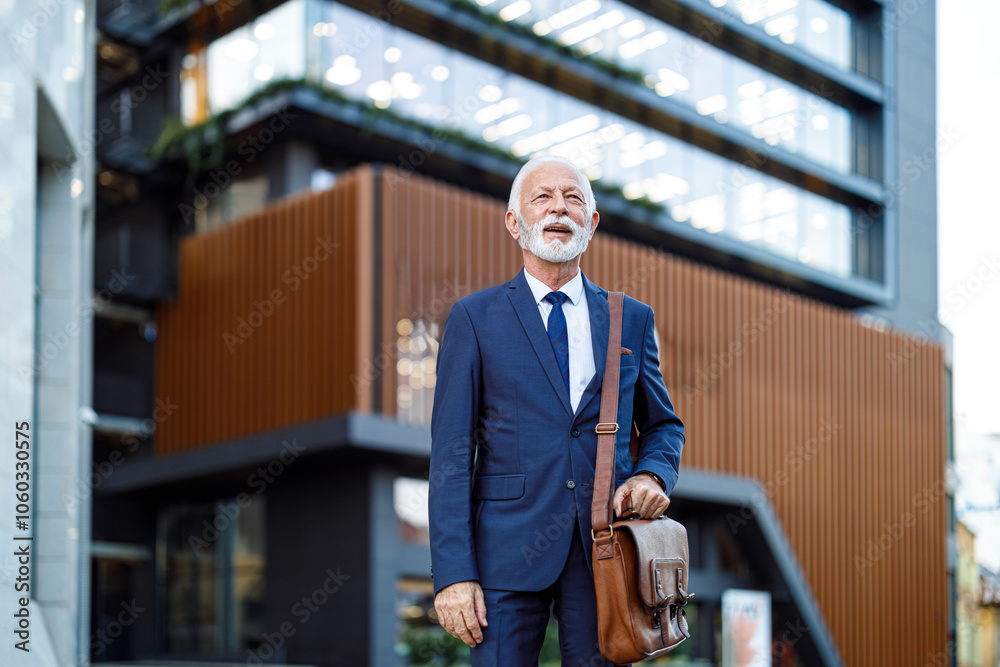 Naklejka premium Senior male entrepreneur with bag looking away and contemplating while standing against modern building