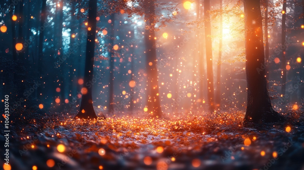 Magical fireflies lighting up enchanted forest at sunset Magical fireflies lighting up enchanted forest at sunset