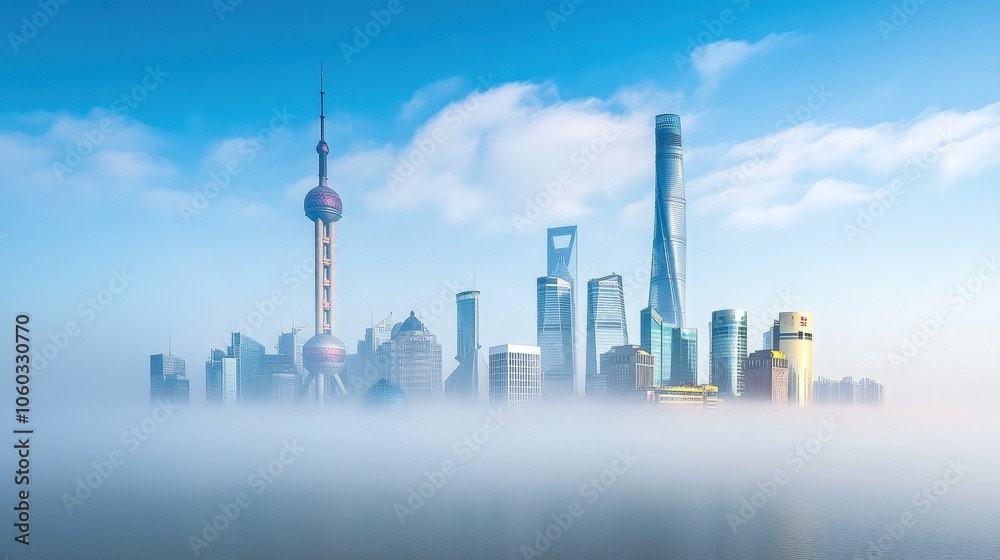 Obraz premium Misty Skyline of the Majestic Shanghai Cityscape