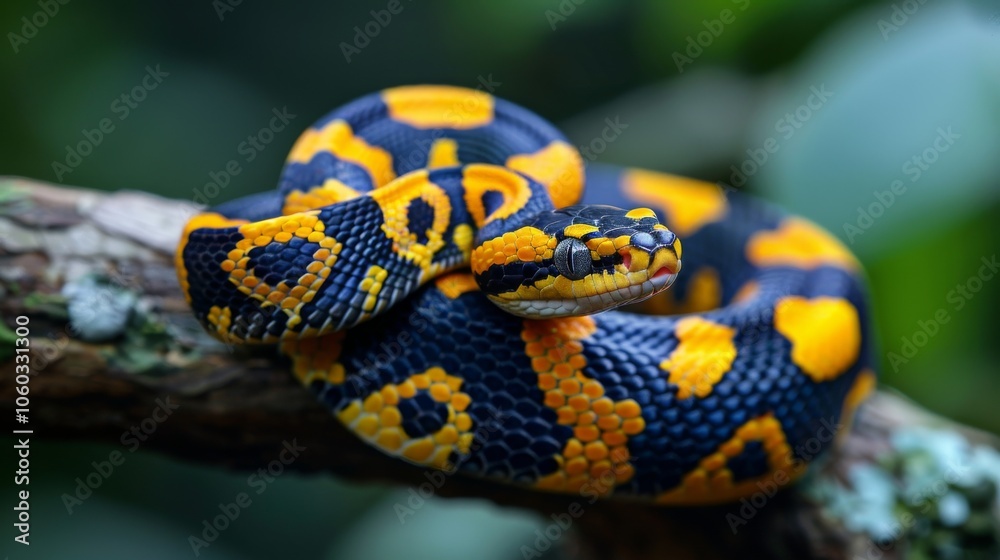 Bright snake with yellow and black patterns, smooth scales. Gold ringed cat snake on tree branch Bright snake with yellow and black patterns, smooth scales. Gold ringed cat snake on tree branch