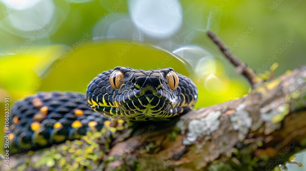 Close-up of venomous snake perched on branch, with intense gaze and striking yellow and black scales Close-up of venomous snake perched on branch, with intense gaze and striking yellow and black scales