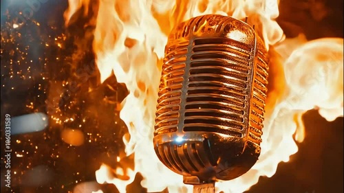 Vintage microphone engulfed in flames, symbolizing passion and intensity