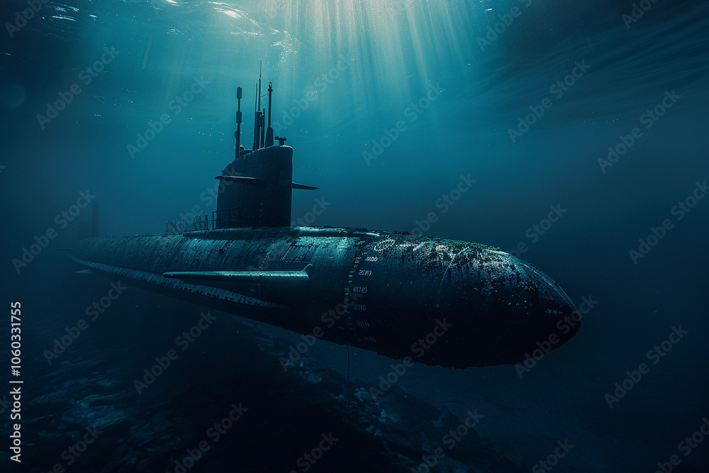Beautiful large submarine floating in middle of ocean during mission